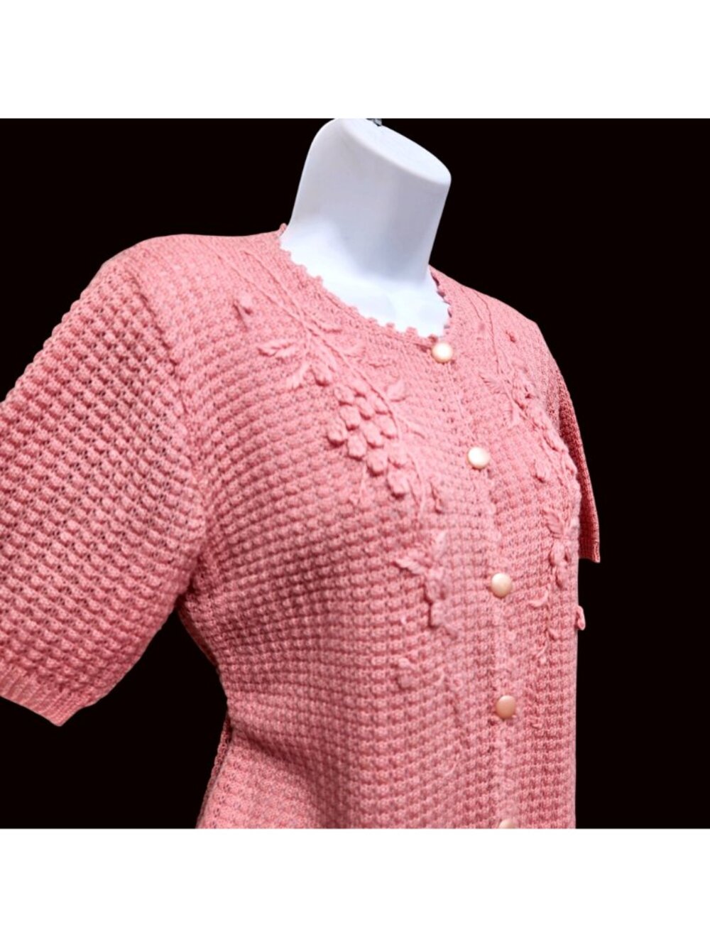 Vintage 70s Japanese Pastel Pink Lace Knit Floral Cardigan Top M Sakura Flowers - Picture 3 of 11